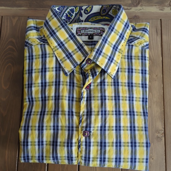 7 Downie St. Men’s Yellow Blue Button Down Long Sleeve Shirt - Picture 3 of 15